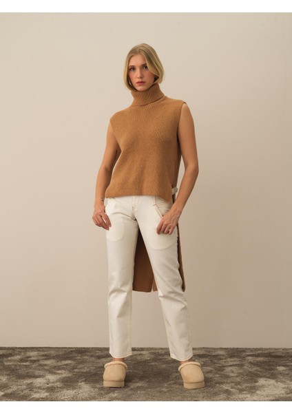 Kadın Camel Doğal Yün Dokulu Regular Fit Yelek