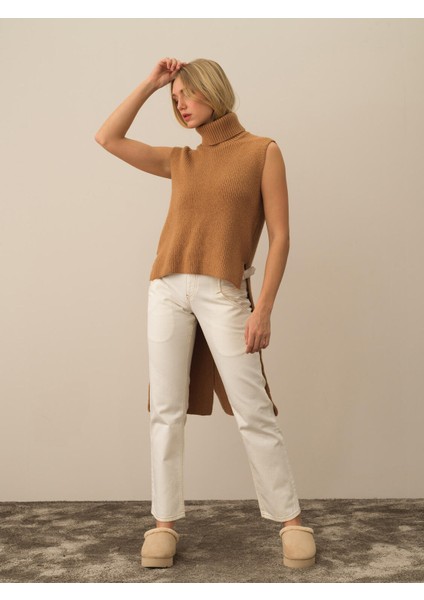 Kadın Camel Doğal Yün Dokulu Regular Fit Yelek fiyatları