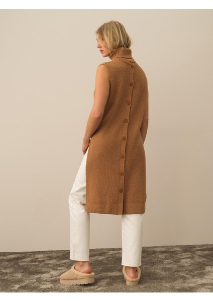 Kadın Camel Doğal Yün Dokulu Regular Fit Yelek modelleri