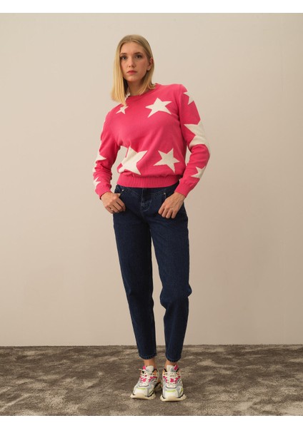 Kadın Pembe Pamuk Dokulu Regular Fit Kazak