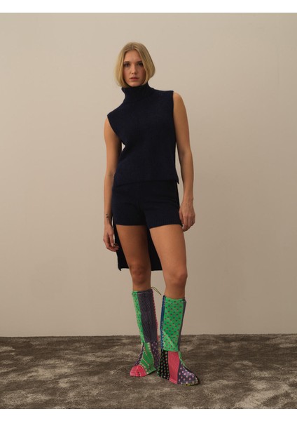 Kadın Lacivert Doğal Yün Dokulu Regular Fit Yelek