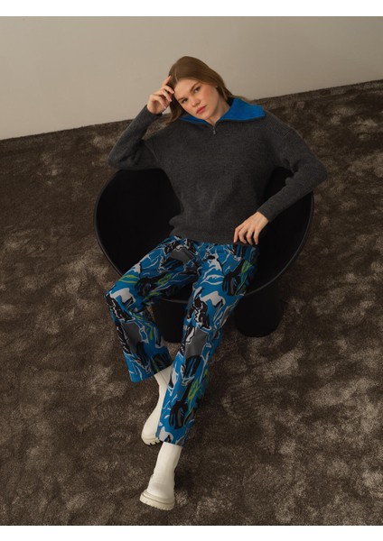 Kadın Koyu Gri Lüks Pamuk Dokulu Regular Fit Kazak