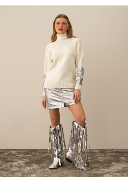 Kadın Ekru Doğal Yün Dokulu Regular Fit Kazak