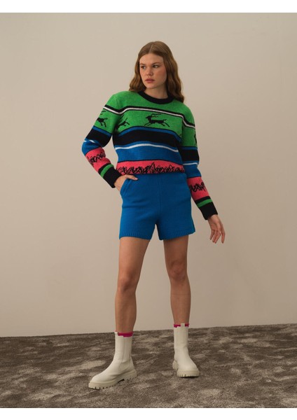 Kadın Mavi Doğal Yün Dokulu Regular Fit Şort