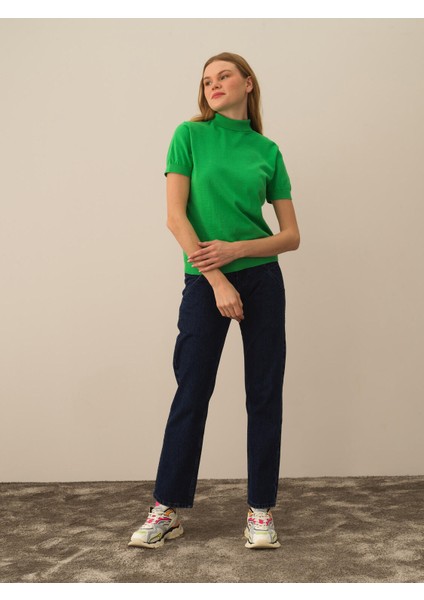 Kadın Yeşil Pamuk Dokulu Regular Fit Kazak