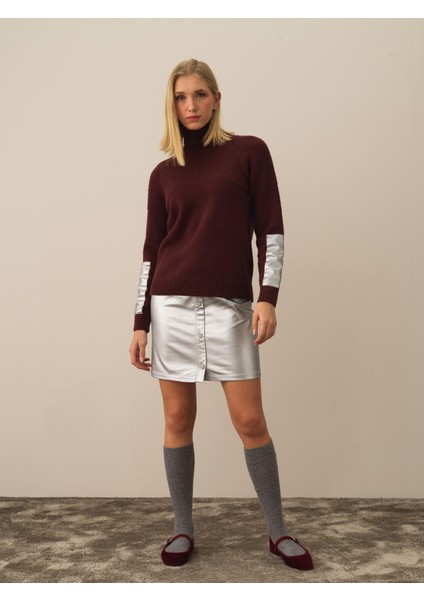 Kadın Bordo Doğal Yün Dokulu Regular Fit Kazak