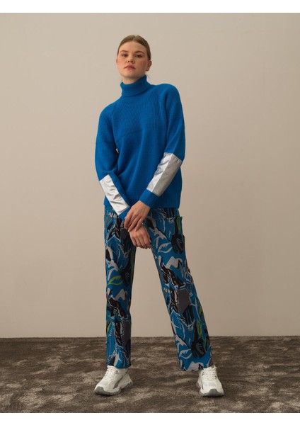 Kadın Mavi Doğal Yün Dokulu Regular Fit Kazak