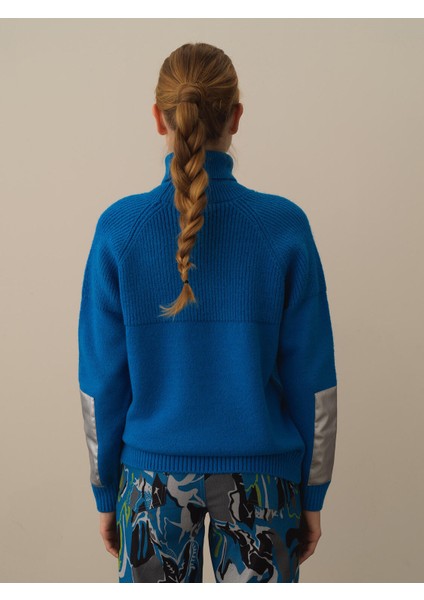 Kadın Mavi Doğal Yün Dokulu Regular Fit Kazak modelleri