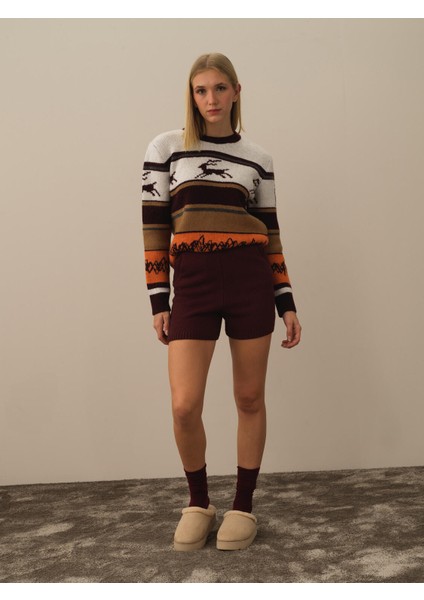 Kadın Bordo Doğal Yün Dokulu Regular Fit Şort