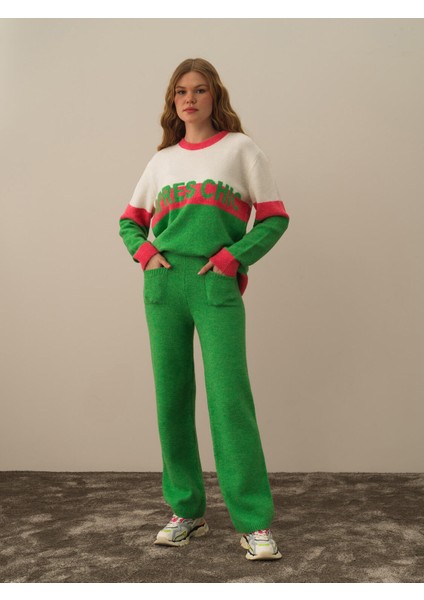 Kadın Yeşil Lüks Pamuk Dokulu Regular Fit Pantolon