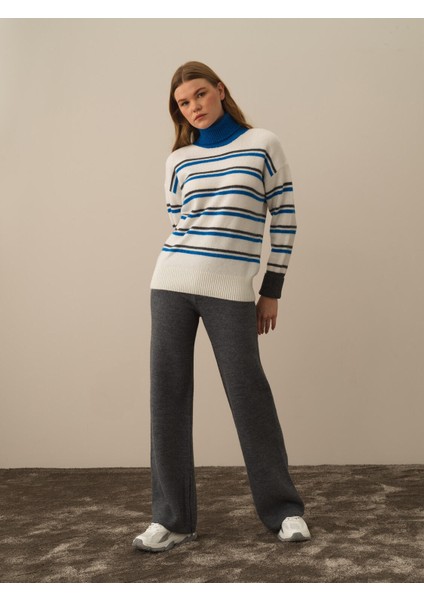 Kadın Mavi Lüks Pamuk Dokulu Oversize Kazak