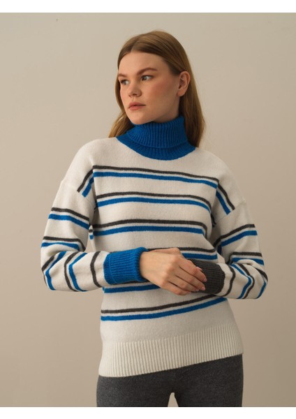 Kadın Mavi Lüks Pamuk Dokulu Oversize Kazak modelleri