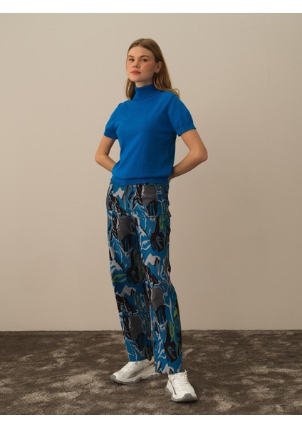 Kadın Mavi Pamuk Dokulu Regular Fit Kazak