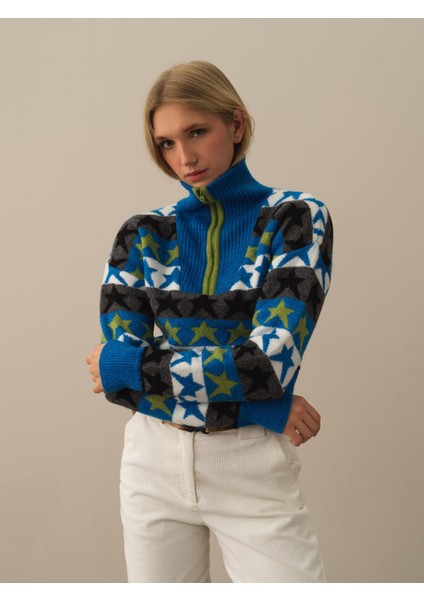 Kadın Mavi Lüks Pamuk Dokulu Oversize Kazak fiyatları