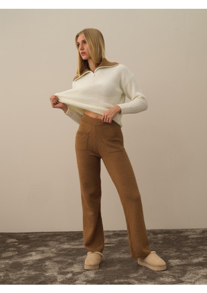 Kadın Camel Lüks Pamuk Dokulu Regular Fit Pantolon