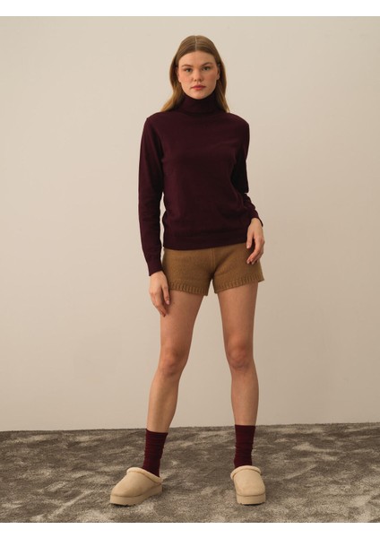 Kadın Bordo Pamuk Dokulu Regular Fit Kazak