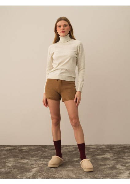 Kadın Ekru Dokulu Pamuk Dokulu Regular Fit Kazak