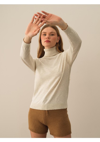 Kadın Ekru Dokulu Pamuk Dokulu Regular Fit Kazak fiyatları