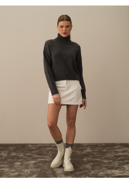 Kadın Koyu Gri Lüks Pamuk Dokulu Oversize Kazak