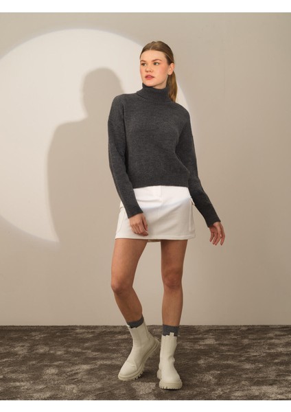 Kadın Koyu Gri Lüks Pamuk Dokulu Oversize Kazak modelleri