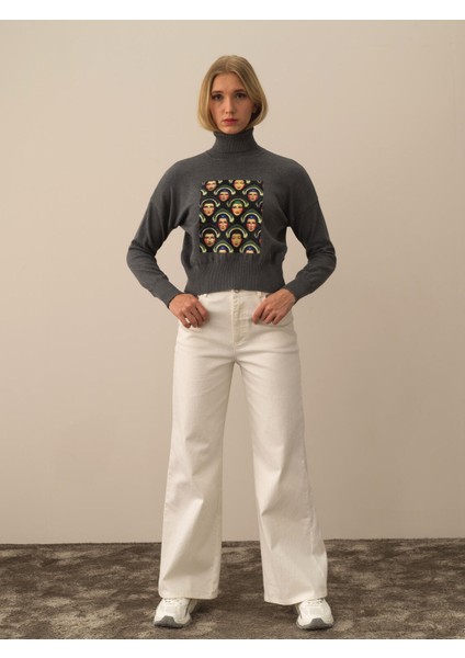 Kadın Koyu Gri Pamuk Dokulu Oversize Kazak