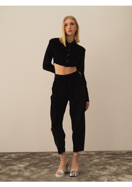 Kadın Siyah Esnek Dokulu Oversize Pantolon