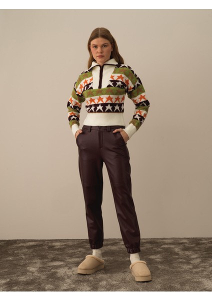 Kadın Bordo Pamuk Dokulu Regular Fit Pantolon