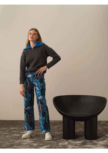 Kadın Mavi Pamuk Dokulu Regular Fit Pantolon