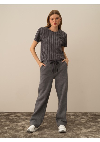 Kadın Koyu Gri Pamuk Dokulu Oversize Pantolon