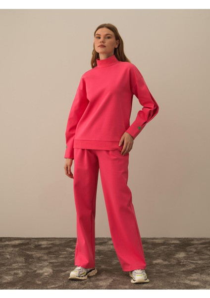 Kadın Pembe Pamuk Dokulu Oversize Sweatshirt