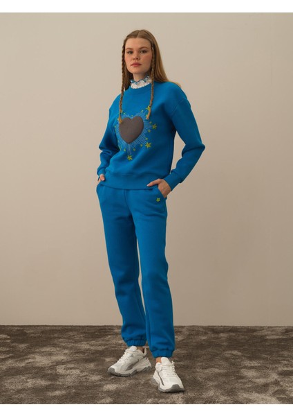 Kadın Mavi Pamuk Dokulu Oversize Sweatshirt