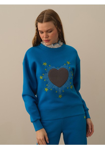 Kadın Mavi Pamuk Dokulu Oversize Sweatshirt fiyatları