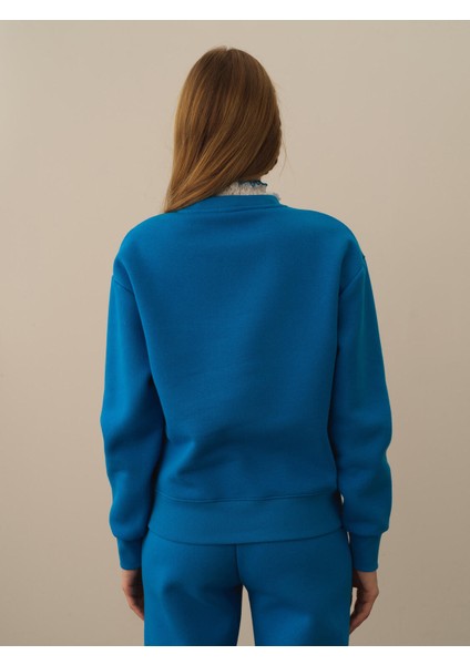 Kadın Mavi Pamuk Dokulu Oversize Sweatshirt modelleri