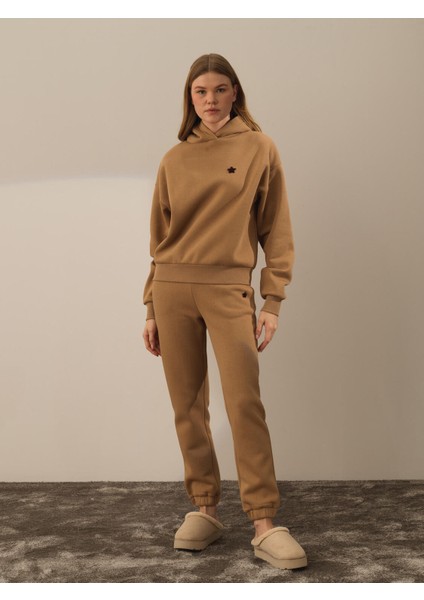Kadın Camel Pamuk Dokulu Oversize Sweatshirt