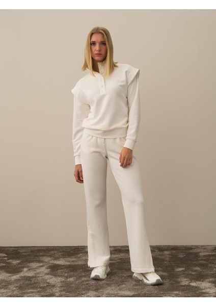 Kadın Ekru Pamuk Dokulu Regular Fit Sweatshirt