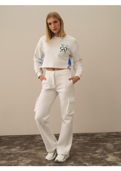 Kadın Kırık Beyaz Pamuk Dokulu Oversize Sweatshirt