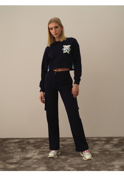 Kadın Lacivert Pamuk Dokulu Oversize Sweatshirt