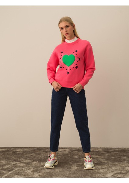 Kadın Pembe Pamuk Dokulu Oversize Sweatshirt