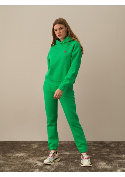 Kadın Yeşil Pamuk Dokulu Oversize Sweatshirt