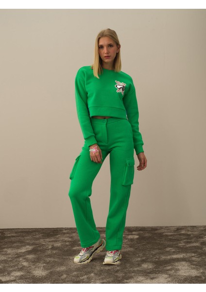 Kadın Yeşil Pamuk Dokulu Oversize Sweatshirt