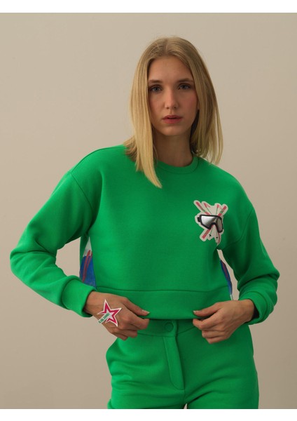 Kadın Yeşil Pamuk Dokulu Oversize Sweatshirt fiyatları