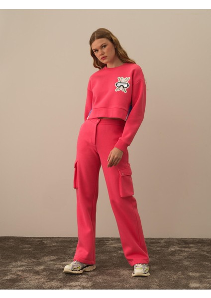 Kadın Pembe Pamuk Dokulu Oversize Sweatshirt