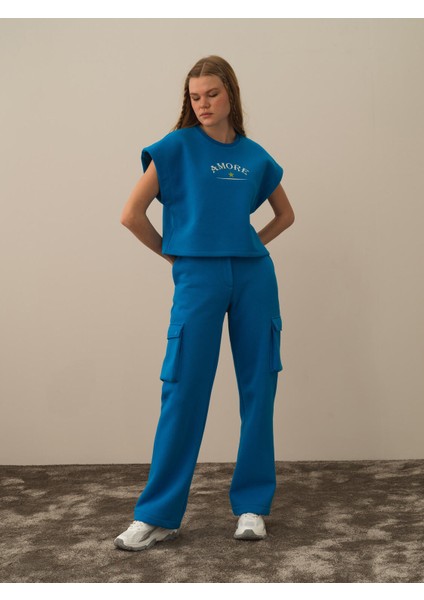 Kadın Mavi Pamuk Dokulu Oversize Sweatshirt