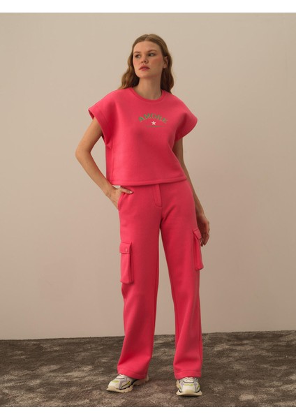 Kadın Pembe Pamuk Dokulu Oversize Sweatshirt