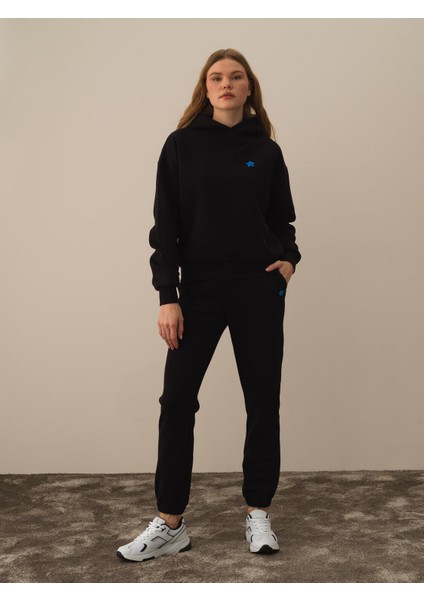 Kadın Siyah Pamuk Dokulu Oversize Sweatshirt