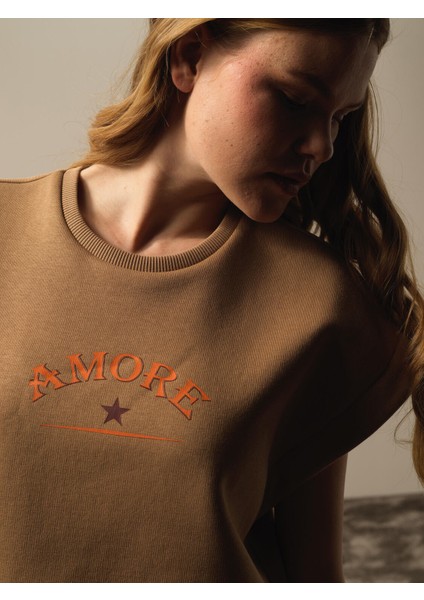 Kadın Camel Pamuk Dokulu Oversize Sweatshirt fiyatları