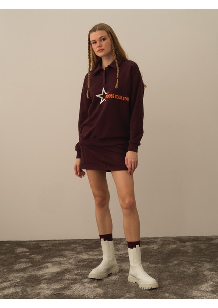 Kadın Bordo Pamuk Dokulu Regular Fit Sweatshirt