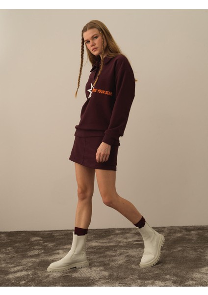 Kadın Bordo Pamuk Dokulu Regular Fit Sweatshirt modelleri