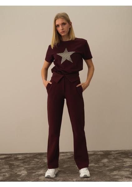 Kadın Bordo Pamuk Dokulu Oversize Sweat Pantolon