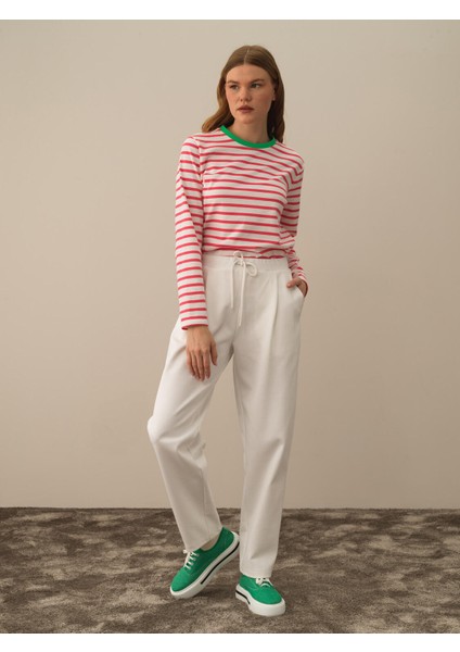Kadın Kırık Beyaz Pamuk Dokulu Regular Fit Sweat Pantolon